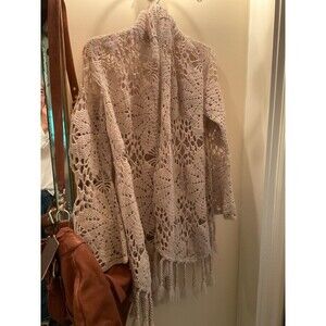 Lucky Brand Boho Ivory wool blend crochet open cardigan sweater jacket XS/S